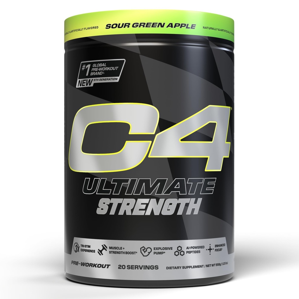Cellucor C4 Ultimate Strength Pre Workout Powder - Tri- Stim Experience 300mg Koffein + TeaCrine + Dynamin - Creatin & Beta- Alanine - Energy Supplement for mænd og kvinder - Sour Green Apple, 20 Servere