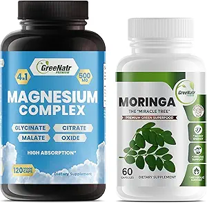 Magnesiumsupplement med Glycinat, Citrat, Malat & Oxide Plus Moringa Oleifera med C-vitamin, Omega 3 & Aminosyrer - øger energi, mad, hukommelse