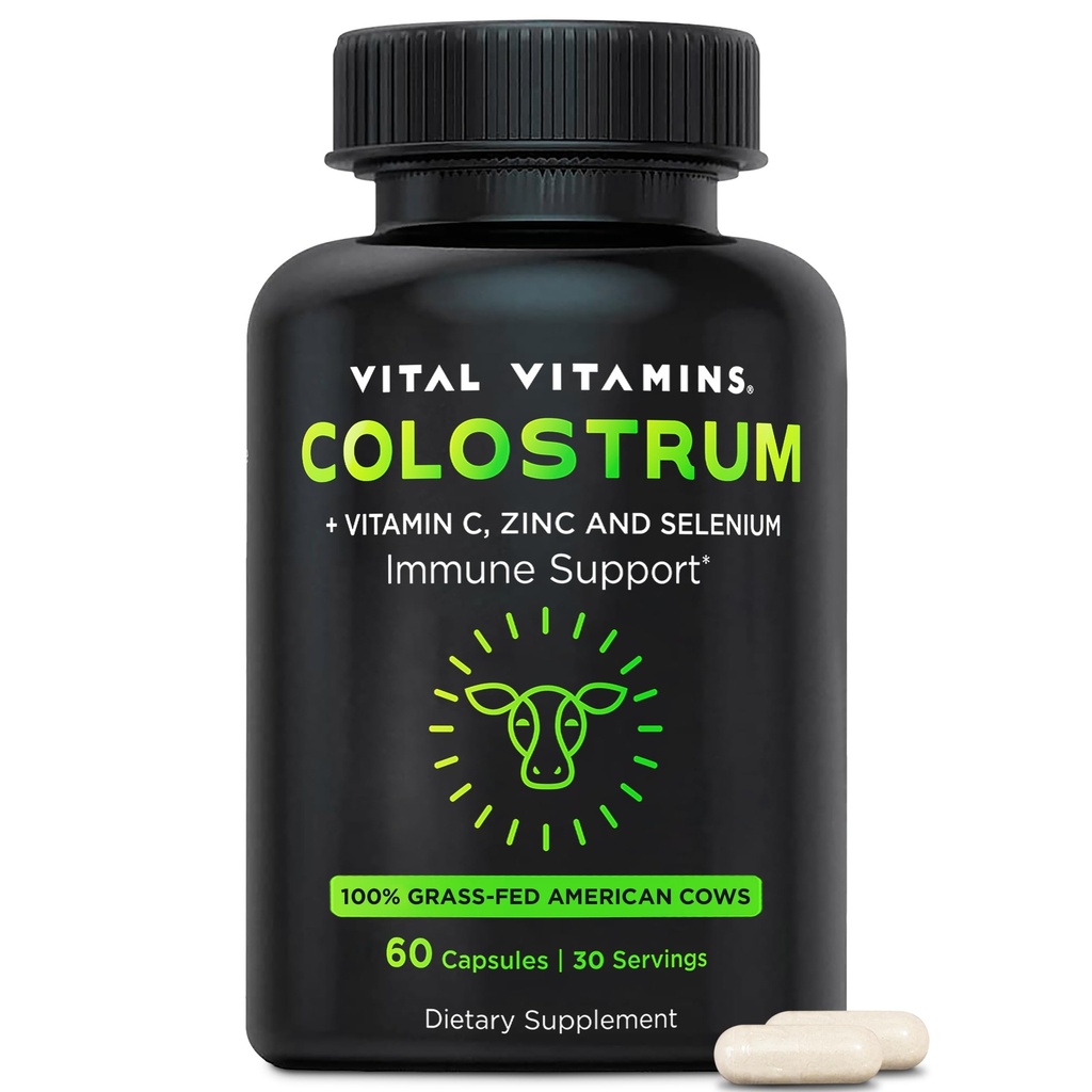 Vital Vitaminer Colostrum Supplement - C-vitamin, zink, & Selen - fra første malkning - Standardiseret til at indeholde 10% IgG Immunoglobuliner - Grass- Fed amerikanske køer - 60 kapsler