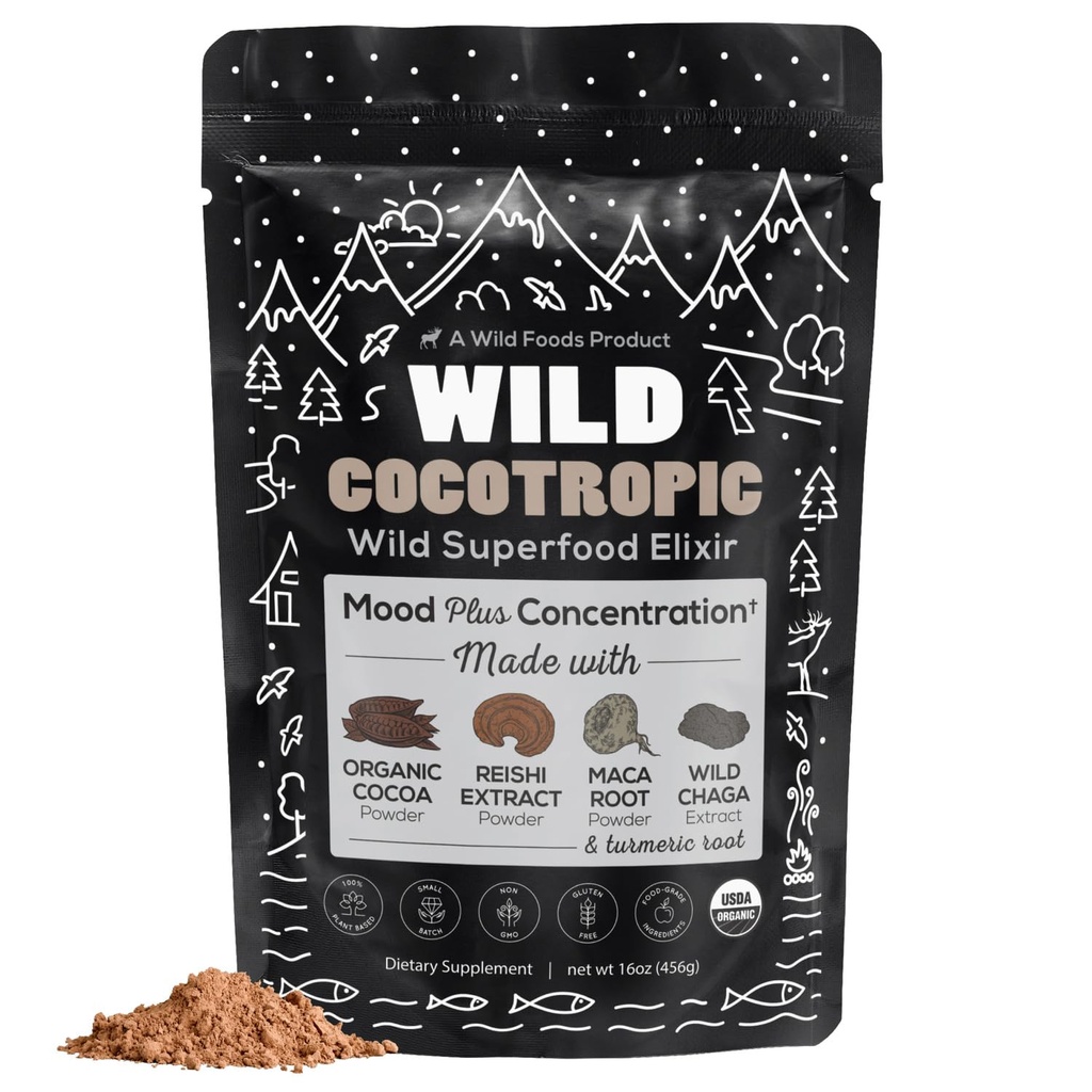 Organic Cocotrop Mushroom Hot Cocoa - Mushroom Coffee Alternative • 124; Sugar Free Hot Chocolate • 124; Organic Cocoa Powder, Reishi Mushrooms, Chaga, Maca Root, Gurkemeje • 124; Lækker Vedvarende Fokus, Energi & Mood uden Jitler • 124; 16oz