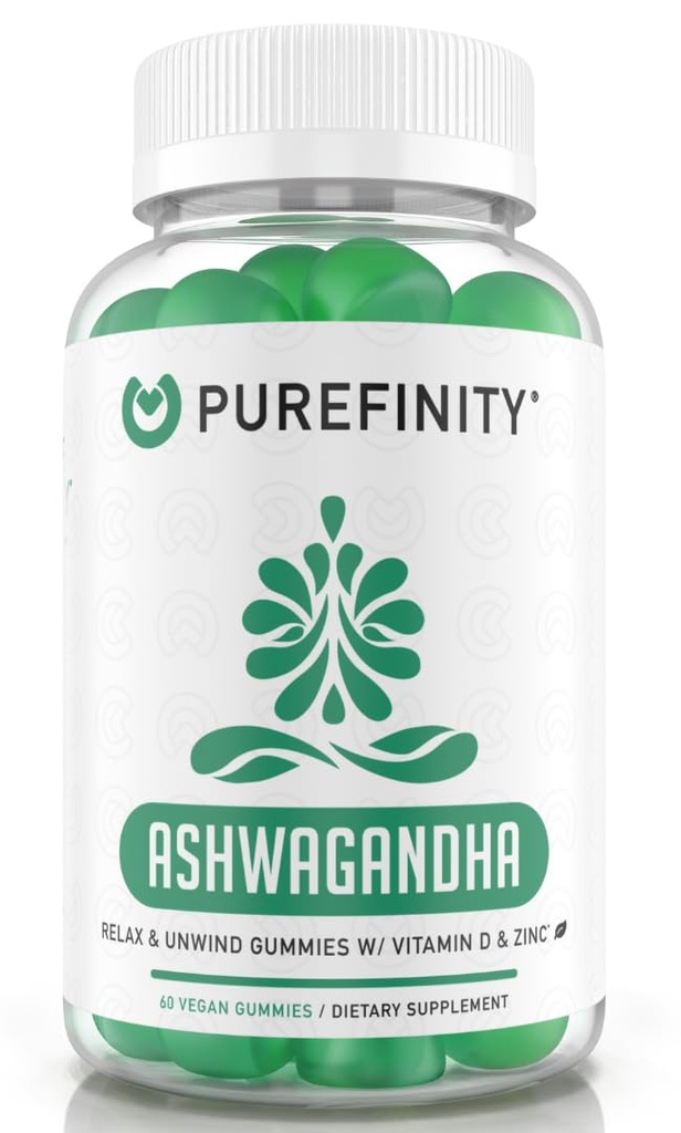 PUREFINITET Ashwagandha Gummies med D-vitamin & zink - Supplement til afslapning, opkalkning, og Mood Support - Gluten Free, Non- GMO, Vegan, 60 Greve
