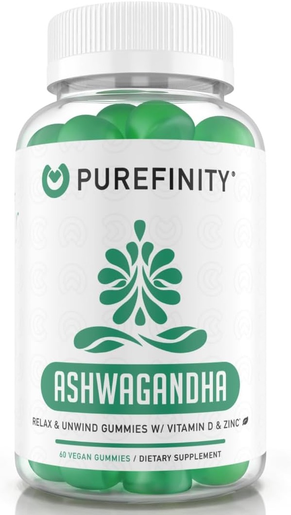 PUREFINITET Ashwagandha Gummies med D-vitamin & zink - Supplement til afslapning, opkalkning, og Mood Support - Gluten Free, Non- GMO, Vegan, 60 Greve