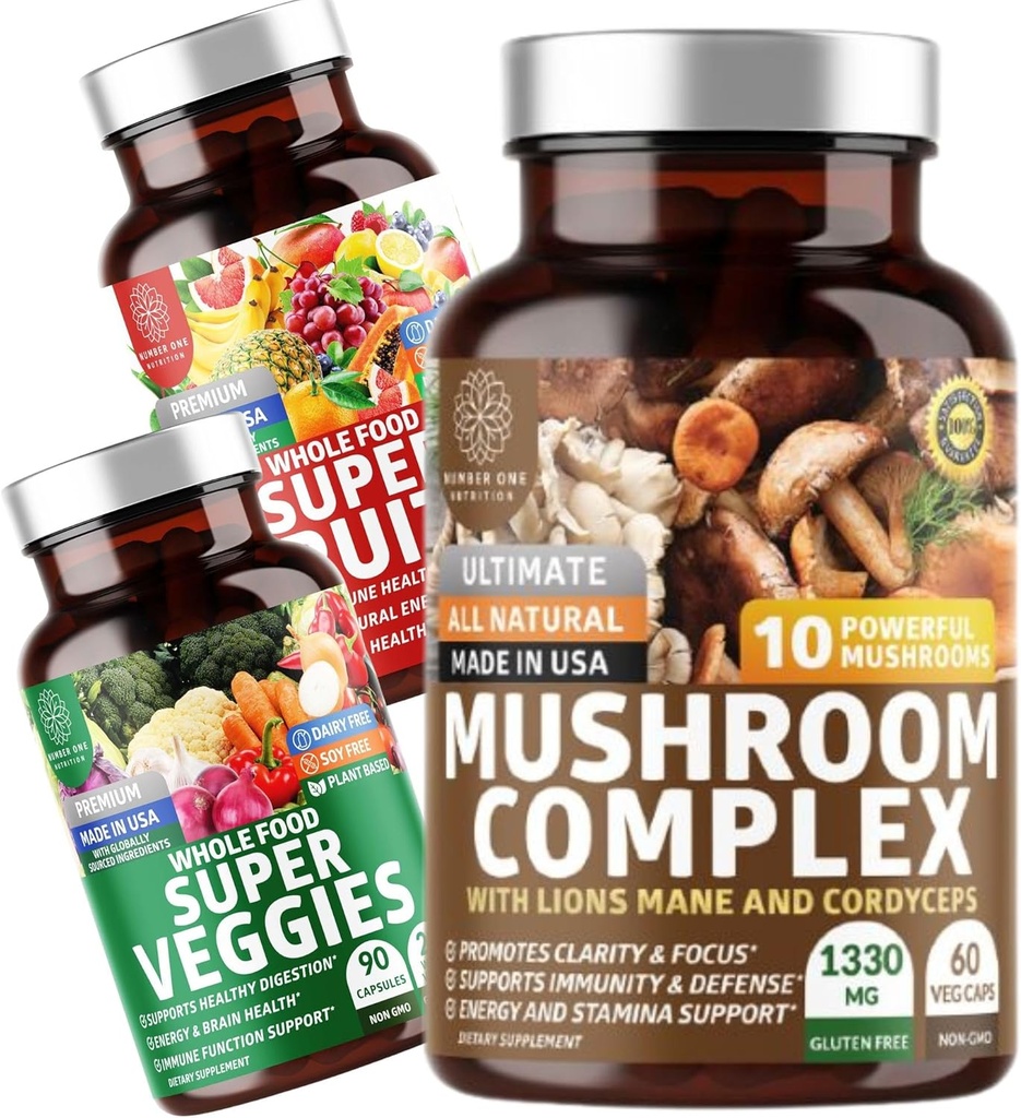 N1N Premium Mushroom Complex [10 Kraftige svampe] og Super Fruits & Veggies [40 Hele frugter & grøntsager], 2 Pack Bundle