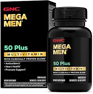 GNC Mega Mænd 50 Plus Multivitamin Caplets, Clinically Proven, Heart & Prostate Health, B Vitamin, Saw Palmetto, Memory, Vitamin D-3, 60 tæller
