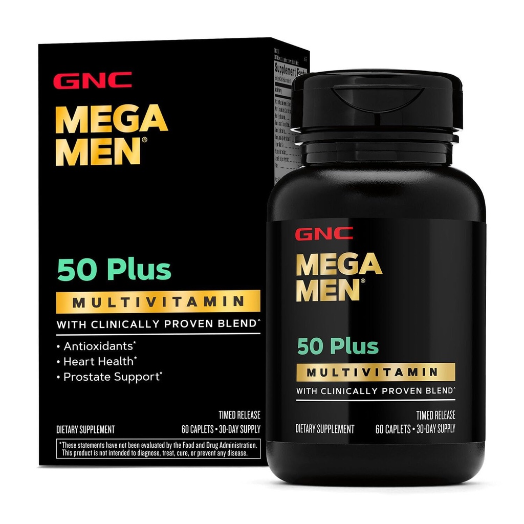 GNC Mega Mænd 50 Plus Multivitamin Caplets, Clinically Proven, Heart & Prostate Health, B Vitamin, Saw Palmetto, Memory, Vitamin D-3, 60 tæller