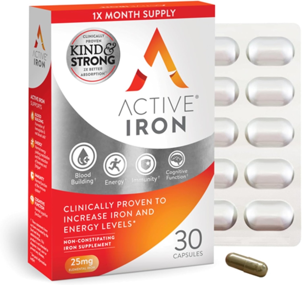 Active Iron Supplement 25mg – Clinically Proven to Increase Iron & Energy Levels – Gentle, Non-Constipating, Highly Absorbed – 30 Capsules