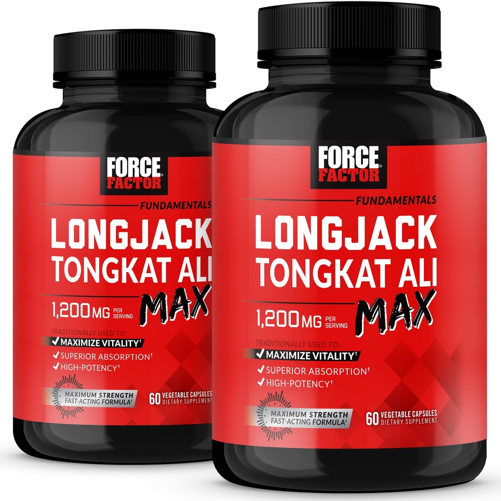 Kraftfaktor Longjack Tongkat Ali Max, Tongkat Ali for mænd, Mand Stamina og Vitality Supplement Lavet med vigtige naturlige ingredienser til Superior Absorption, 1200mg, 120 Kapsler, 2- Pack
