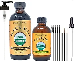 PRIME Natural Organic Black Seed Oil & Organic Castor Oil - 2 Oil Bundle - USDA Certified - Cold Pressed, Virgin, Uraffineret, Vegan, Ingen Konserveringsmidler