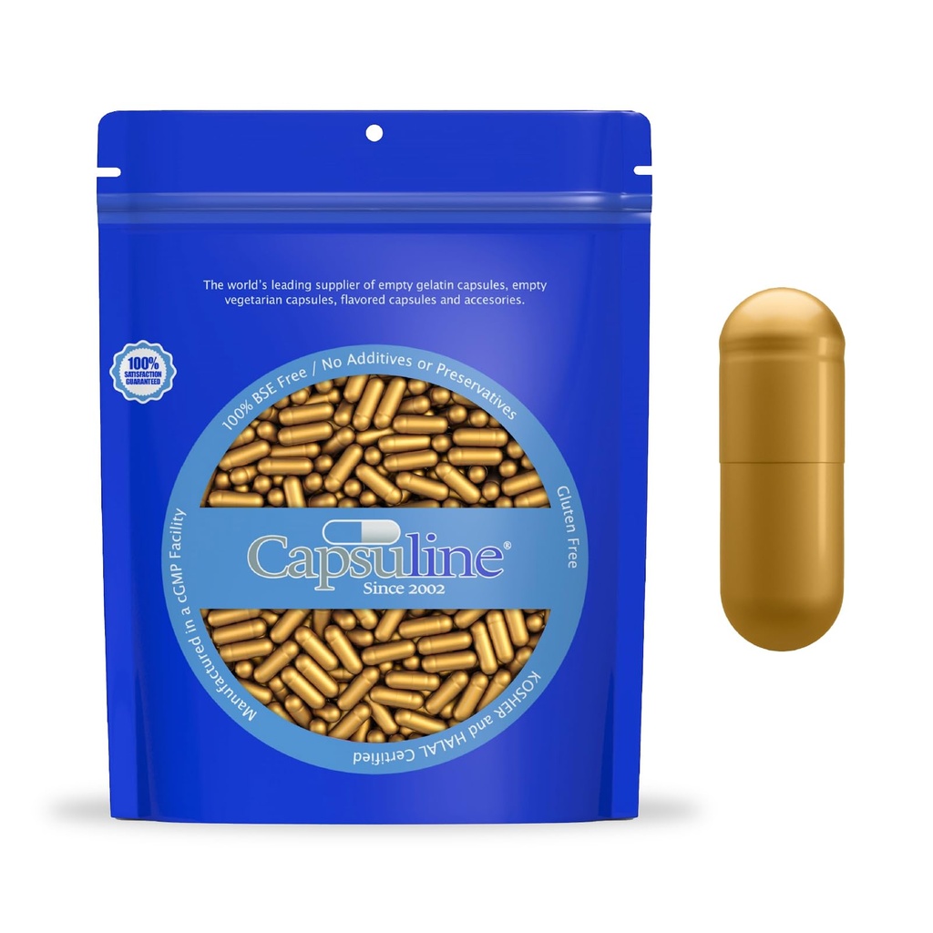 Capsulin størrelse 0 - Farvede guld tomme Gelatine kapsler - 1000 Greve - Tomme Gel Pille kapsler - Du Pure Bovine Pille Kapsler Fyldning - Tomme Caps - Kosher og Halal Certificeret