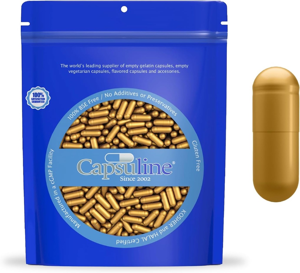 Capsulin størrelse 0 - Farvede guld tomme Gelatine kapsler - 1000 Greve - Tomme Gel Pille kapsler - Du Pure Bovine Pille Kapsler Fyldning - Tomme Caps - Kosher og Halal Certificeret