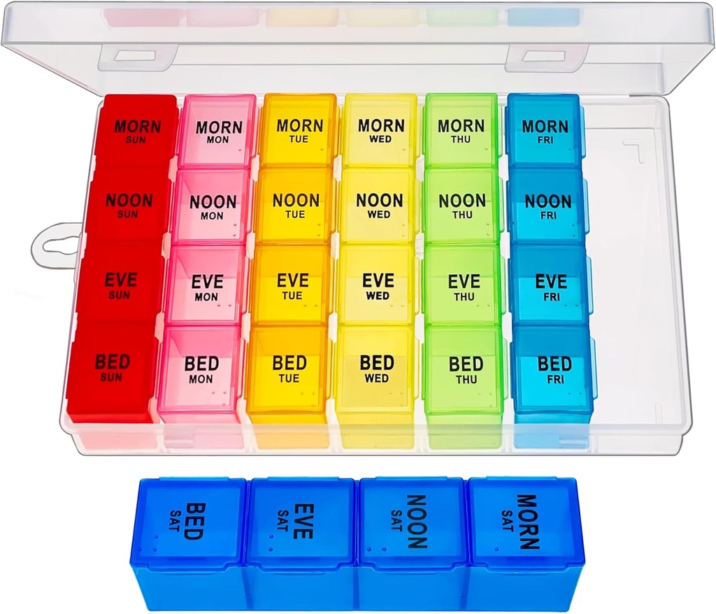 Ugentlig Pill Organizer 4 gange om dagen, Medicin Organizer Box, Rejser Daily Pill Box Organizer 7 dag, Pill Case, Pill Container Holder for Hold vitaminer / fiskeolier.
