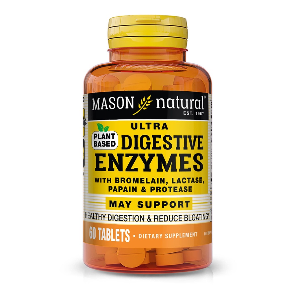 MASON NATURAL Plant baseret Ultra fordøjelsesenzymer med bromelain, lactase, Papain & Protease - understøtter sund fordøjelse & kan reducere bloating, 60 kapsler