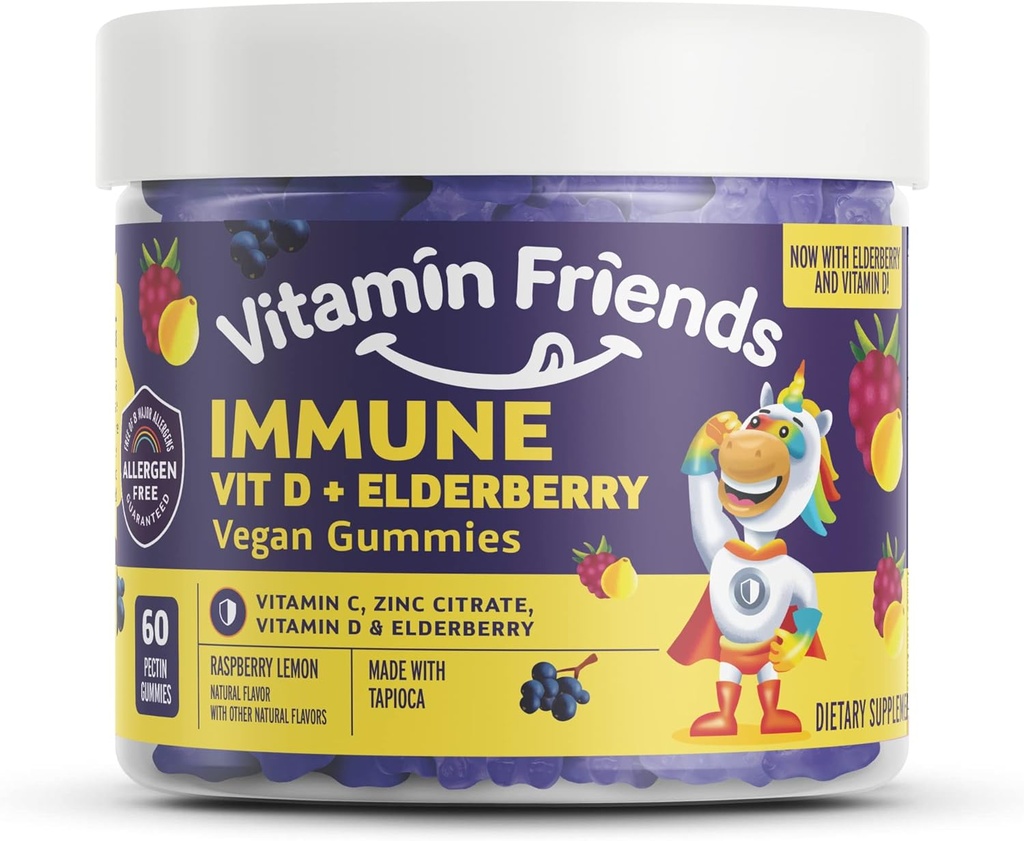 Vitamin Friends - Elderberry, C-vitamin Gummies - Vegansk immunsystem Booster Blended Kosttilskud - Health Support w / Zink Citrate & D-vitamin - Avanceret immunforsvar - 30 dages forsyning - 1 pakke
