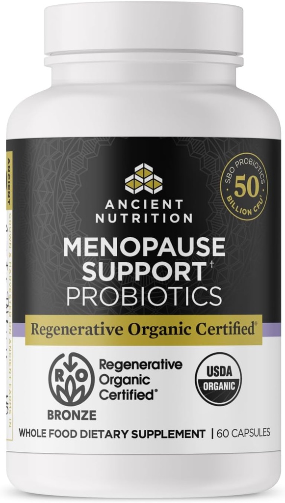 Ancient Nutrition Regenerative Organic Certified Probiotika til Menopause Support, Probiotika Menopause Support, sund fordøjelse og kvinders sundhed Support, 50 milliarder CFU * Per Serving, 60 Greve