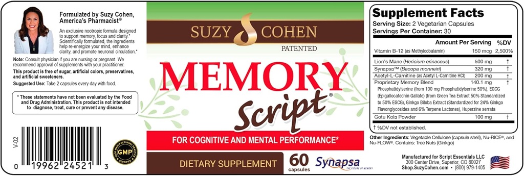 Suzy Cohen Memory Script med Lions Mane, Phosphatidylserin, Green Tea Extract og Ginkgo - Brain Support Supplement for Focus - Nootrope kapsler til kognition, hurtigere recall og mad