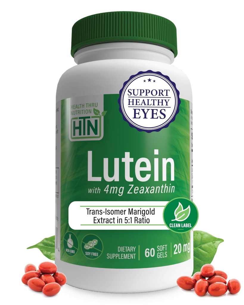 Lutein 20mg med Zeaxanthin 4mg 60 Softgels against 124; All- Trans Marigold Extract in Nature Identical 5: 1 Ratio Stainless 124; Understøtter sundt øje, hud og hjerne 124; Non- GMO Soy & Gluten Free Stainless 124; ved Health Thru Nutrition