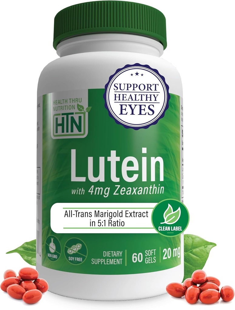 Lutein 20mg med Zeaxanthin 4mg 60 Softgels against 124; All- Trans Marigold Extract in Nature Identical 5: 1 Ratio Stainless 124; Understøtter sundt øje, hud og hjerne 124; Non- GMO Soy & Gluten Free Stainless 124; ved Health Thru Nutrition