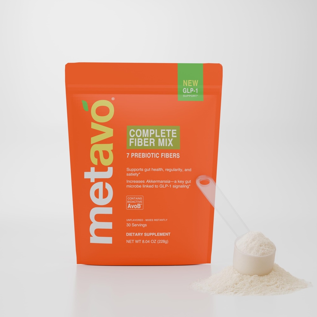 Metavo Complete Fiber Mix - 7 Prebiotic Fibers with AvoB for GLP-1 Support | Gut Health, Regularity & Satiety | Increases Akkermansia | Unflavored Powder | 30 Servings