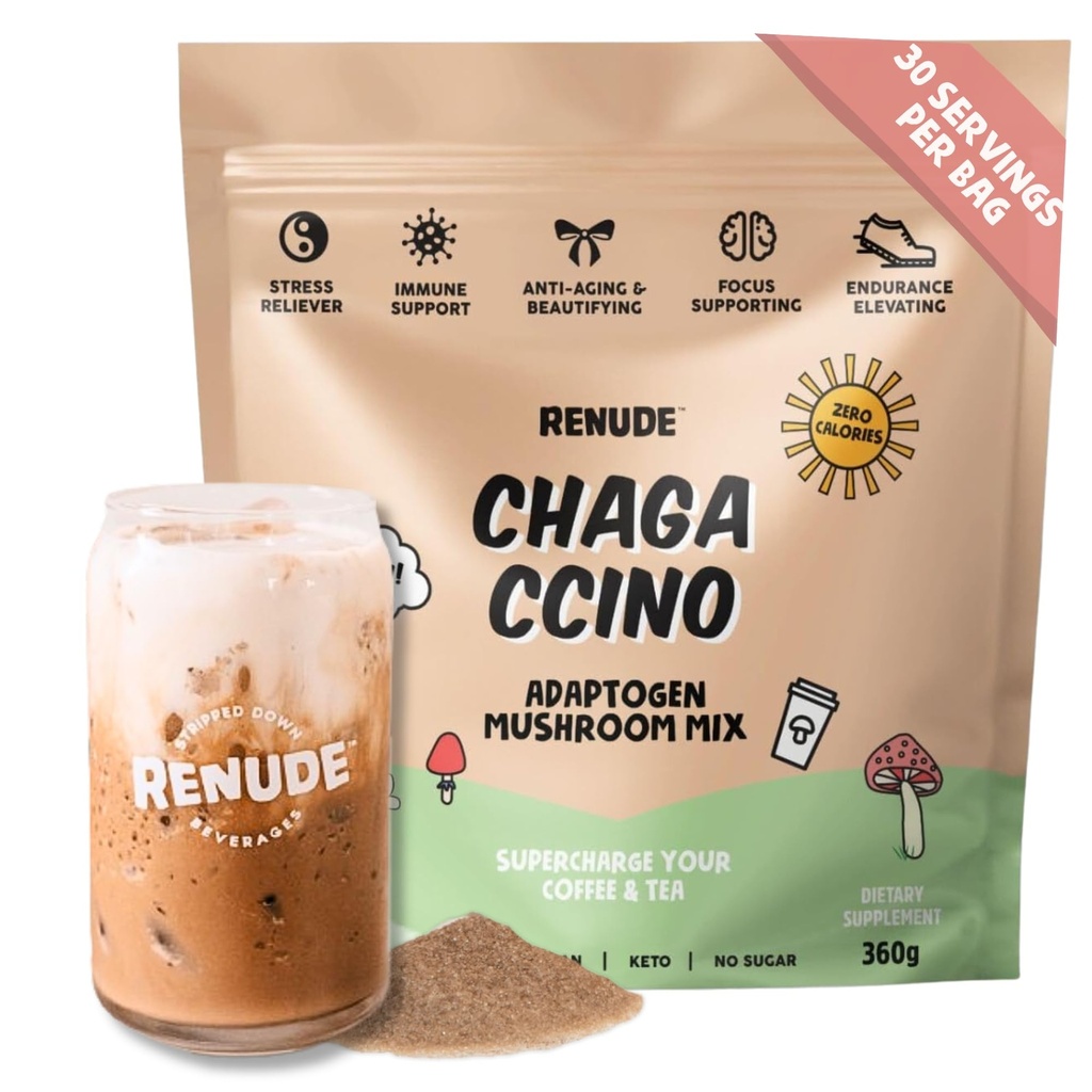 Renude Chagaccino - Chaga Mushroom Powder, Mushroom Coffee Drink Mix med adaptogener, Natural Energy and Immunsupport, Vegan, Keto, Zero Calorie Mushroom Blend Powder - 30 Serveringer
