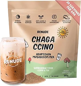 Renude Chagaccino - Chaga Mushroom Powder, Mushroom Coffee Drink Mix med adaptogener, Natural Energy and Immunsupport, Vegan, Keto, Zero Calorie Mushroom Blend Powder - 30 Serveringer