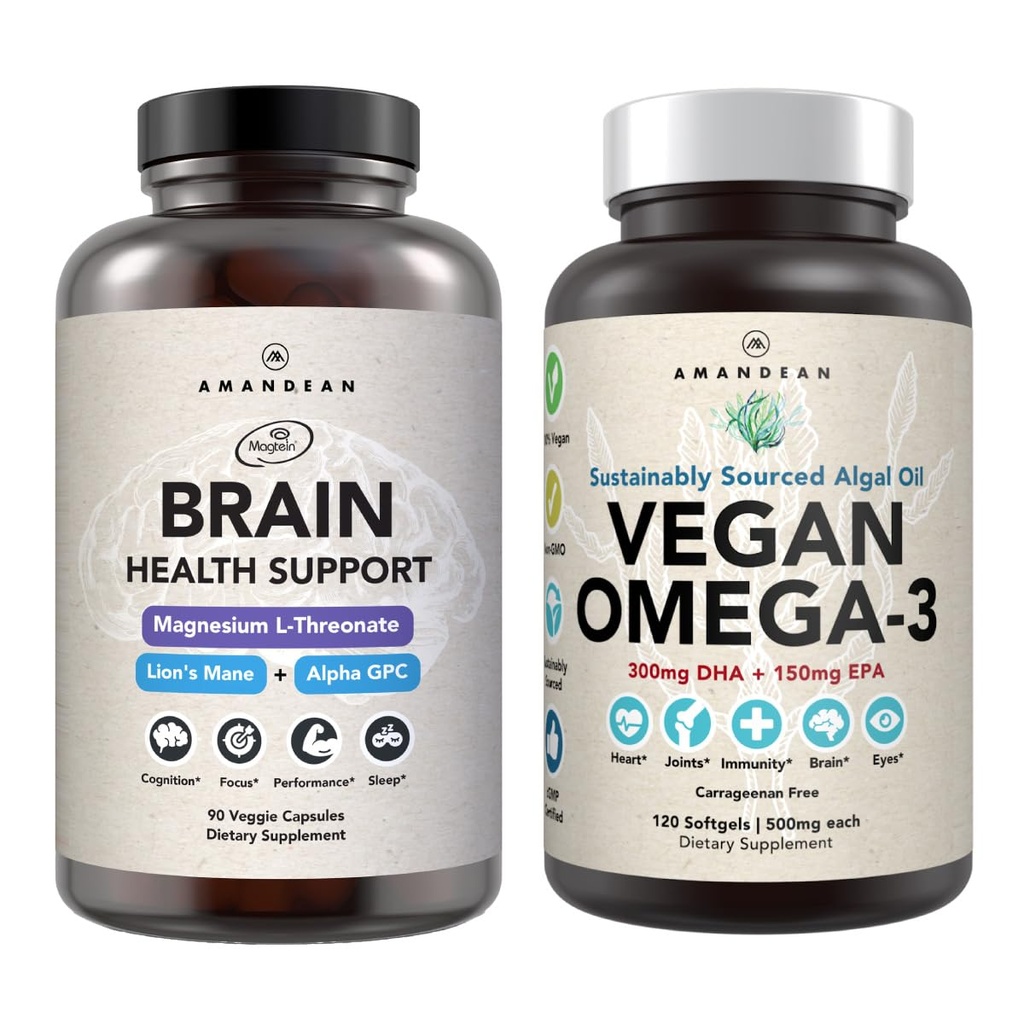 AMANDEAN Brain & Vegan Omega-3 Bundle: Magnesium Threonate, USA- Grown Lions Mane 6: 1, Alpha- GPC & Algae DHA / EPA. Plantbaserede essentielle fedtstoffer til hjerne, øje, hjerte og hud sundhed. Fish Oil Alternative.