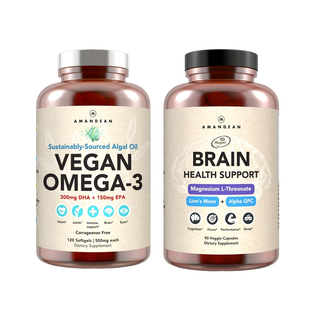 AMANDEAN Brain & Vegan Omega-3 Bundle: Magnesium Threonate, USA- Grown Lions Mane 6: 1, Alpha- GPC & Algae DHA / EPA. Plantbaserede essentielle fedtstoffer til hjerne, øje, hjerte og hud sundhed. Fish Oil Alternative.