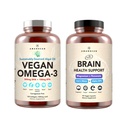 AMANDEAN Brain & Vegan Omega-3 Bundle: Magnesium Threonate, USA- Grown Lions Mane 6: 1, Alpha- GPC & Algae DHA / EPA. Plantbaserede essentielle fedtstoffer til hjerne, øje, hjerte og hud sundhed. Fish Oil Alternative.