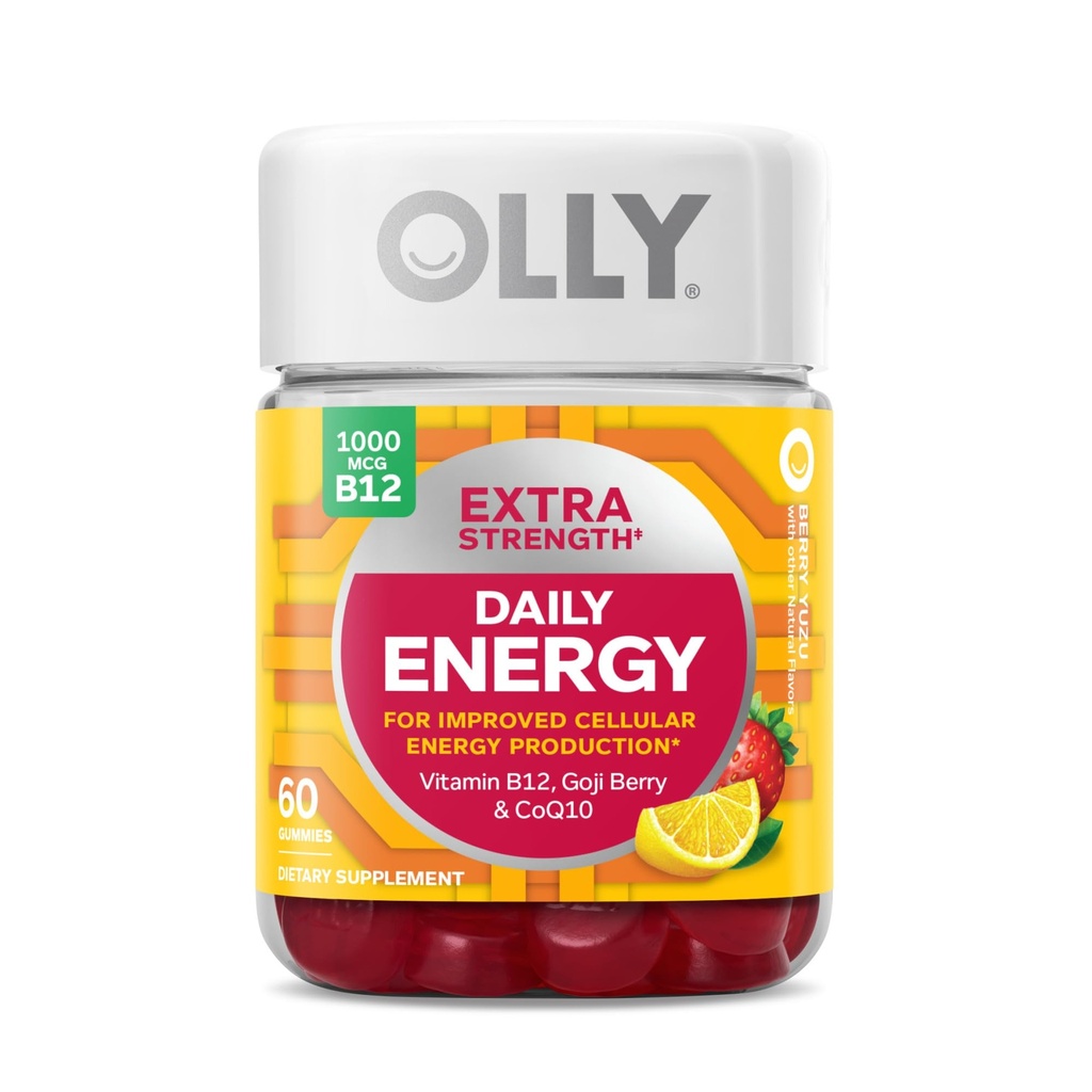 OLLY Ultra Strength Hår, Extra Strength Daily Energy, Biotin, Keratin, Vitamin B12, CoQ10, Goji Berry Gummy Supplement Bundle - 30 Greve, 60 Greve