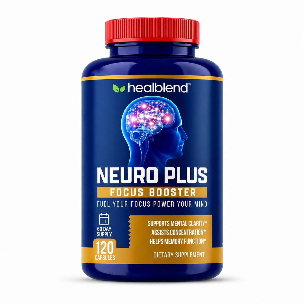 healblend Neuro Plus Focus Booster - Advanced Brain Support Supplement med B6-vitamin, B12, Folate - Forbedrer hukommelse, koncentration, mental Klarhed & kognitiv funktion - 120 kapsler