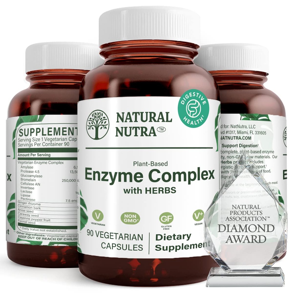 Natural Nutra Plant-Based Digestive Enzyme Complex with Herbal Ingredients | Ginger, Fennel & Cinnamon | Vegan Capsules | 90 Count