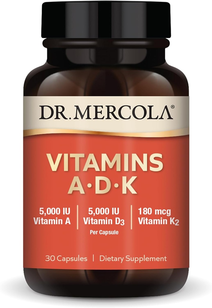 Dr. Mercola Vitamin ADK, 30 Servere (30 kapsler), Kosttilskud, 5000 IE vitamin A & vitamin D3, 180 mcg vitamin K2, understøtter immunforsvar, ikke GMO