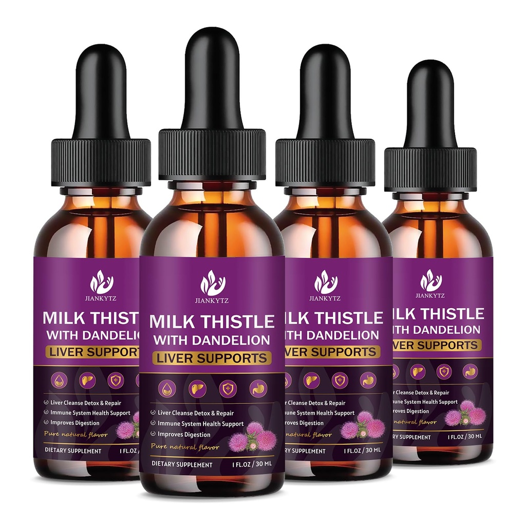 (4 Pack) Milk Thistle Supplement for Liver Cleanse Detox & Repair, Liver Detox Drops with Organic Milk Thistle Seed, Artichoke Extract, Dandelion, Turmeric and Vegan, Non-GMO, Gluten-Free, 1 Fl Oz