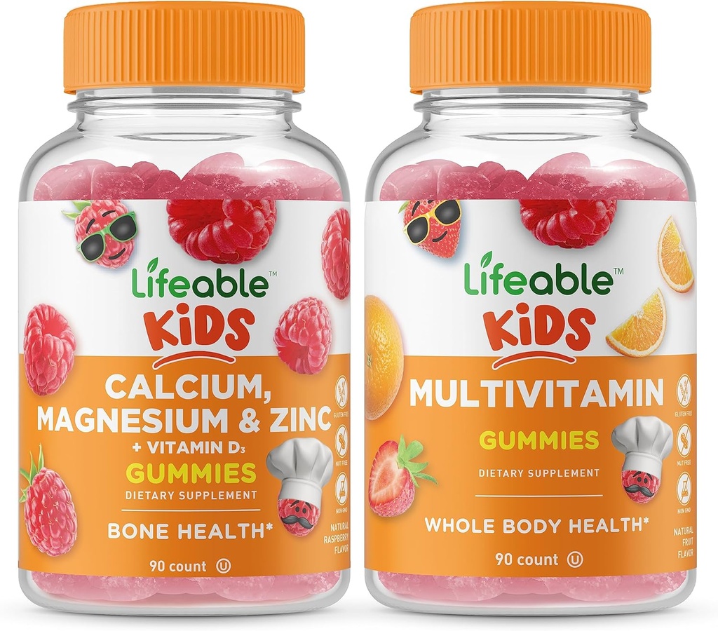 Lifeable Calcium Magnesium & Zink Kids + Multivitamin Kids, Gummies Bundle - Great Tasting, Vitamin Supplement, Gluten fri, GMO fri, Chewable Gummy