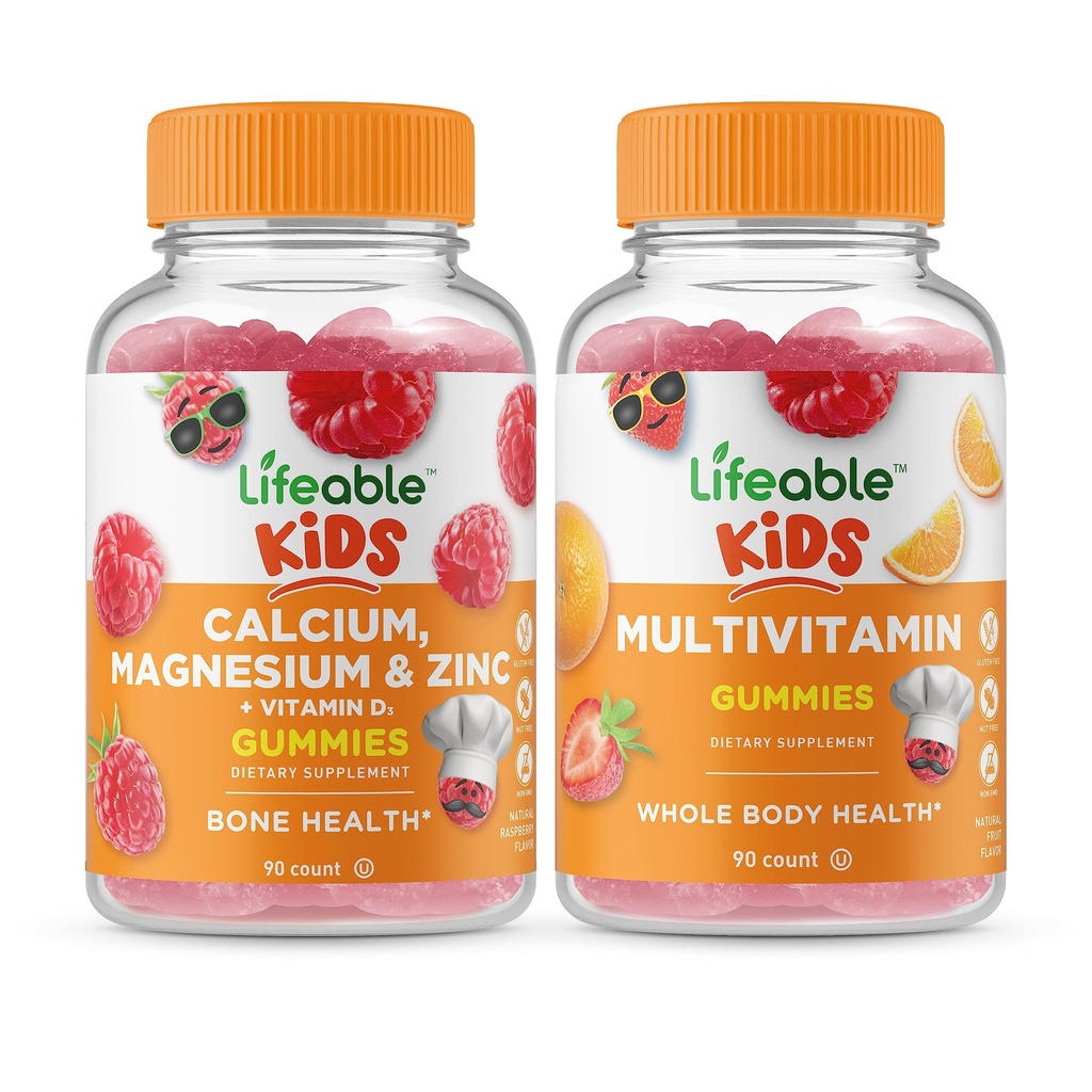 Lifeable Calcium Magnesium & Zink Kids + Multivitamin Kids, Gummies Bundle - Great Tasting, Vitamin Supplement, Gluten fri, GMO fri, Chewable Gummy