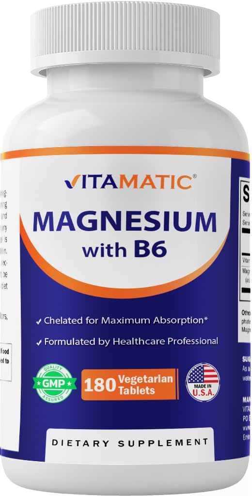 Vitamatisk Magnesium med B6-180 Vegetariske tabletter (ikke belagt) - Tilføjet B6 for maksimal Absorption - Understøtter muskler, led og hjerte sundhed