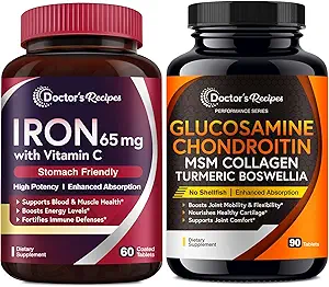 Doctor 's Opskrifter Iron 65 mg & Glucosamin Chondroitin MSM Bundle, Sunde Iron Niveauer & Komfortable Joints, Iron Tablets 60 ct & Joint Support Tablets 90 ct