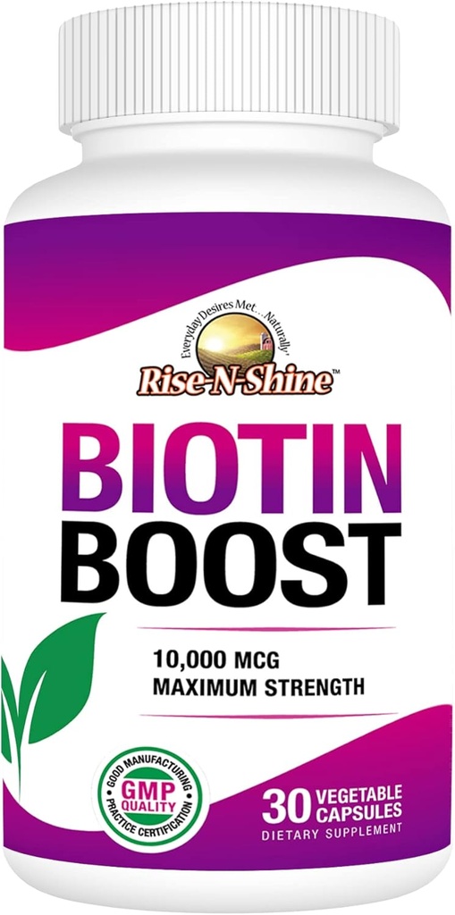 Rise- N- Shine Biotin Boost 10.000 mcg Biotin 10000 mcg til støtte hår, hud, negle og blærer 30 Tæl