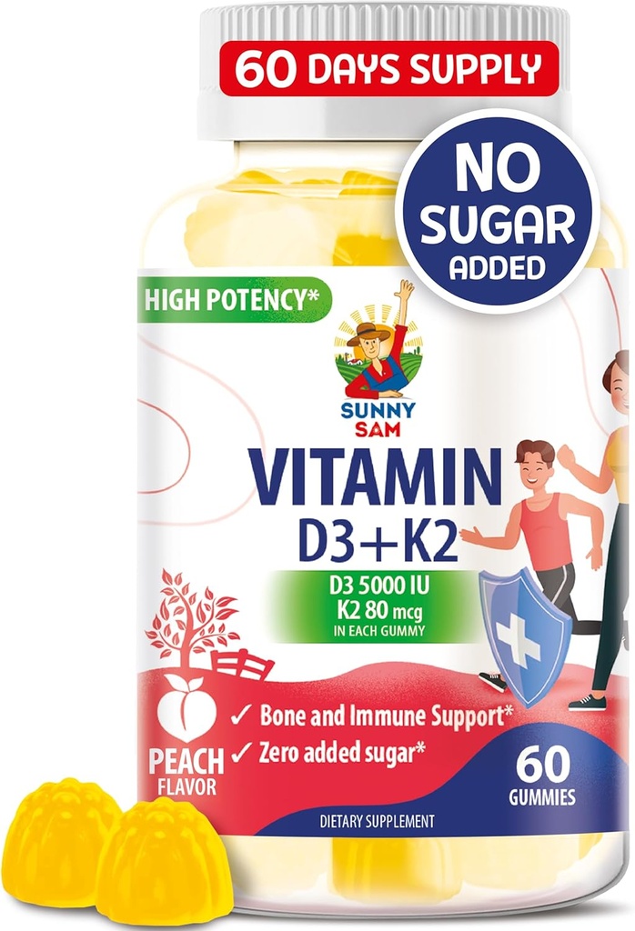 Sugar- Free Vitamin D3 K2 Gummies 5000 IE - Immun- Bone Support Gummies - Vitamin D Gummies supplement til voksne - Høj- Absorption, Vegan, Halal, Gluten- Free Chewable Vitaminer