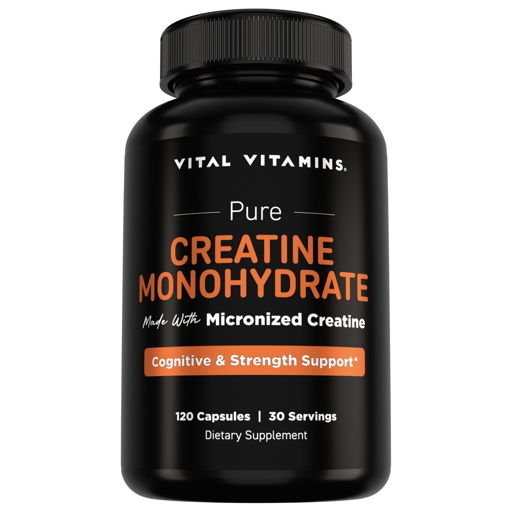 Vital Vitamins Creatine Monohydrate Pills for Women & Men - Micronized Creatine Capsules - Cognitive, Strength, Recovery Support - 3g (3000mg) per Serving - Vegan, Non-GMO, 120 Count