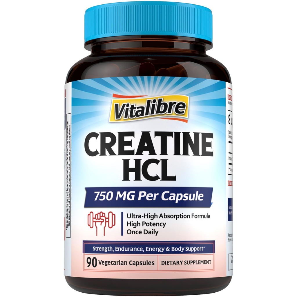 Vitalibre Creatine HCl Capsule, 750mg High Absorption Creatine Hydrochloride, Endurance, Strength, Fast Absorbing, No Load, No Bloat, Monohydrate Micronized Alternative, Once Daily, 90 Capsules