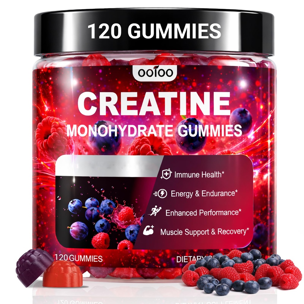 ooioo Creatine Monohydrate Gummies 9000mg for Men & Women – Boost Focus, Stamina & Muscle Growth – Sugar Free, Vegan, with L-Taurine, BCAA 2:1:1, B12 & B6 – Mixed Berry Flavor – 120 Gummies