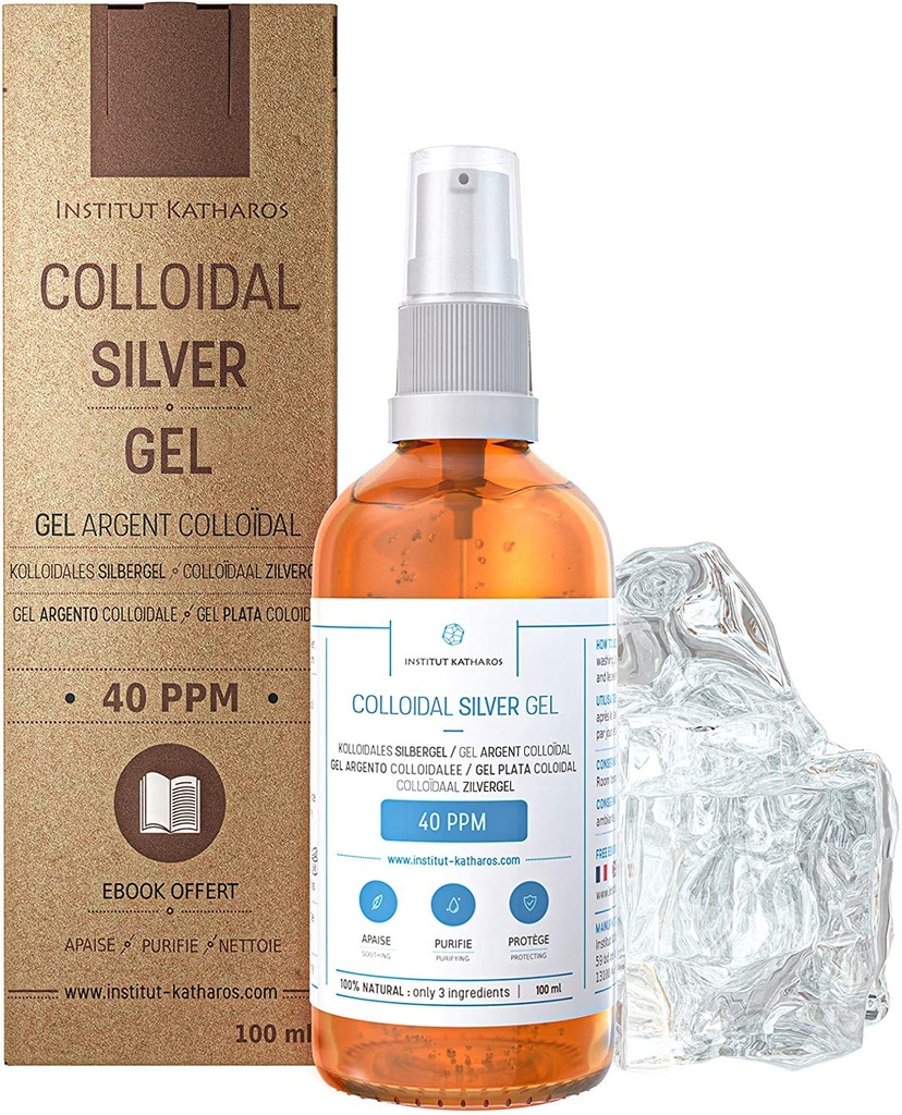 Pure kolloid sølv gel 40 PPM • 100% naturlige og kun 3 Ingredienser • Optimal tekstur og absorption (bedre end cremer) • Amber glas og Ultra-Practical Pump • Ebook inkluderet • Institut Katharos