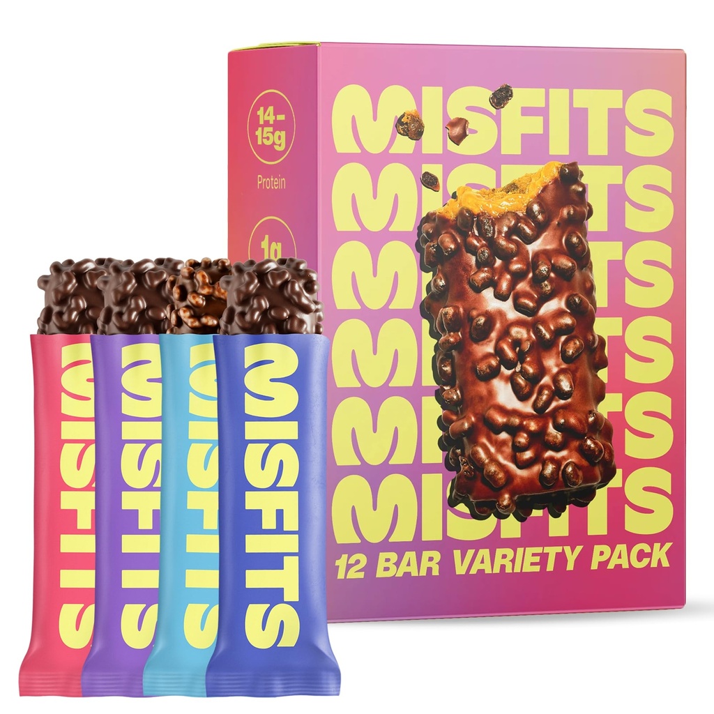 Misfits Protein Bars - High Protein Candy Bars Budd124; Gluten Free Plant Based, Low Sugar & Carb, High Fiber Snacks Budd124; Variety Pack med 12 (4 Flavors)