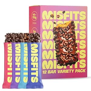 Misfits Protein Bars - High Protein Candy Bars Budd124; Gluten Free Plant Based, Low Sugar & Carb, High Fiber Snacks Budd124; Variety Pack med 12 (4 Flavors)