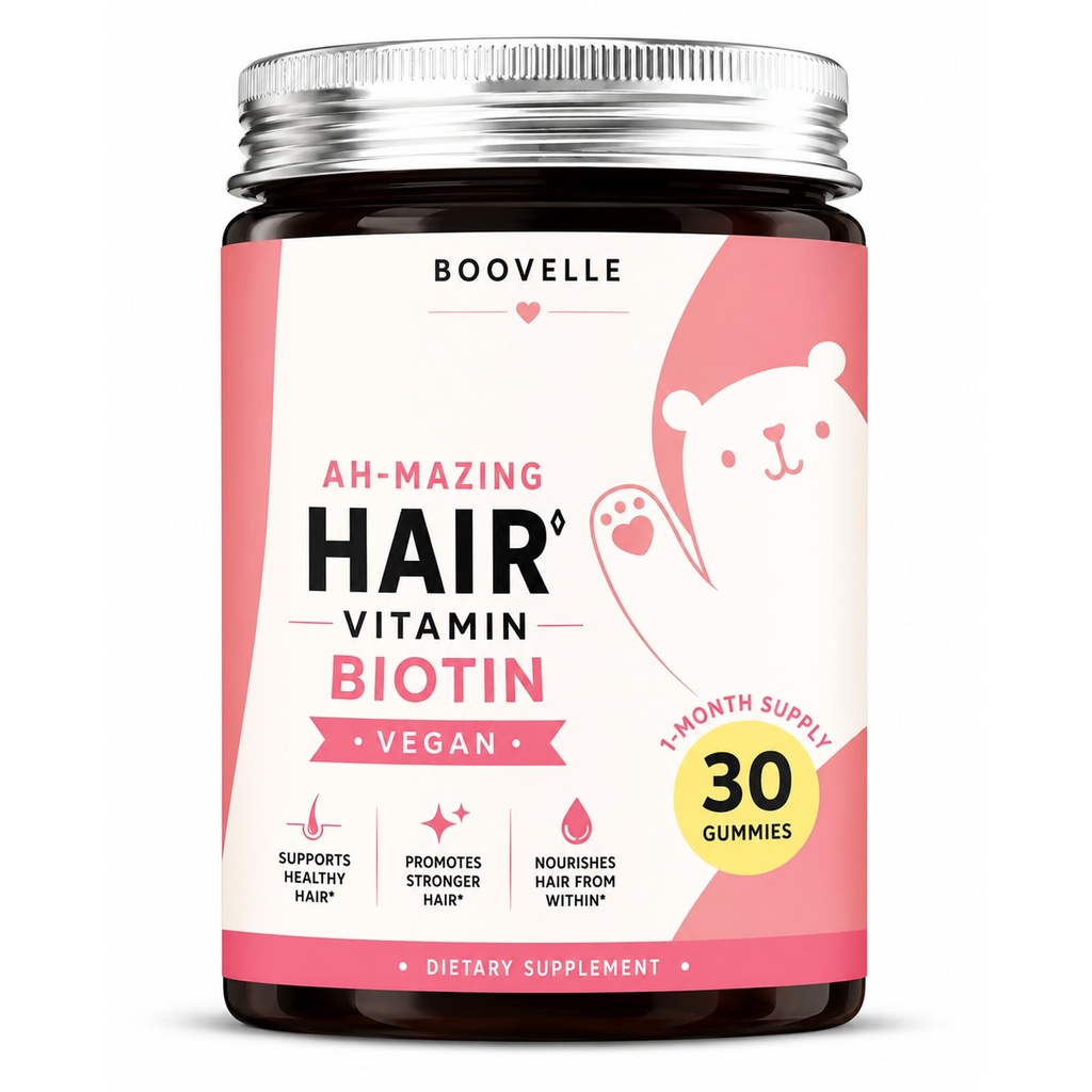 BOOVELLE Biotin Gummies for Hair, Skin & Nails,Vegan Hair Vitamins with Vitamins C & E, Supports Stronger Hair, Healthy Skin & Nails, Strawberry Gummies, 30 Count