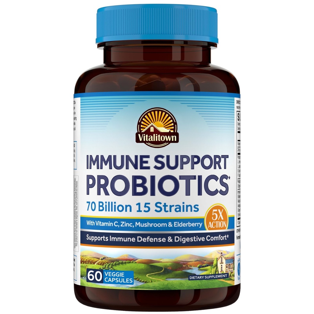 Vitalitown Probiotics 70 Billion CFU, Immune Support Probiotics Supplement, 15 Clinical-Strength Strains, with Vitamin C, Zinc, Elderberry & Echinacea, Digestive Health, 60 Vegan Capsules, Non-GMO