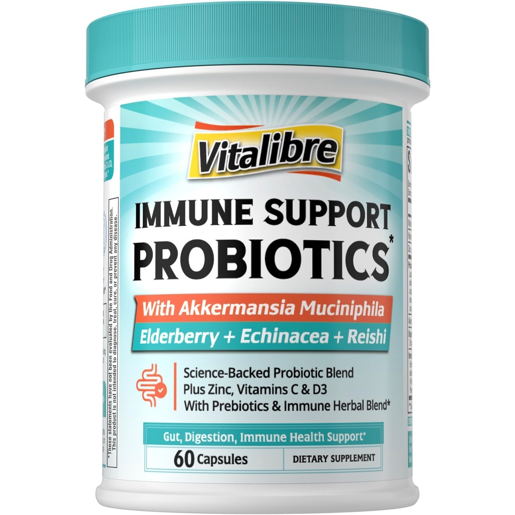 Vitalibre Akkermansia Probiotics for Women & Men, Immune Support Supplement, 16 Strains, with Prebiotics, Zinc, Vitamins C & D3, Moringa & Elderberry, Non-GMO, Digestive Support, 60 Capsules