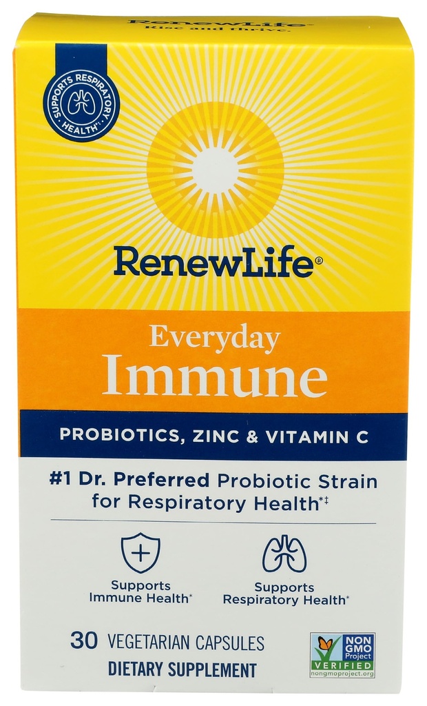 Renew Life Probiotic Everyday Immune Capsules, Daily Supplement Supports Respiratory and Immune Health, L. Rhamnosus GG and B. lactis Bl-04, Dairy, Soy and gluten-free, 10 Billion CFU, 30 Count