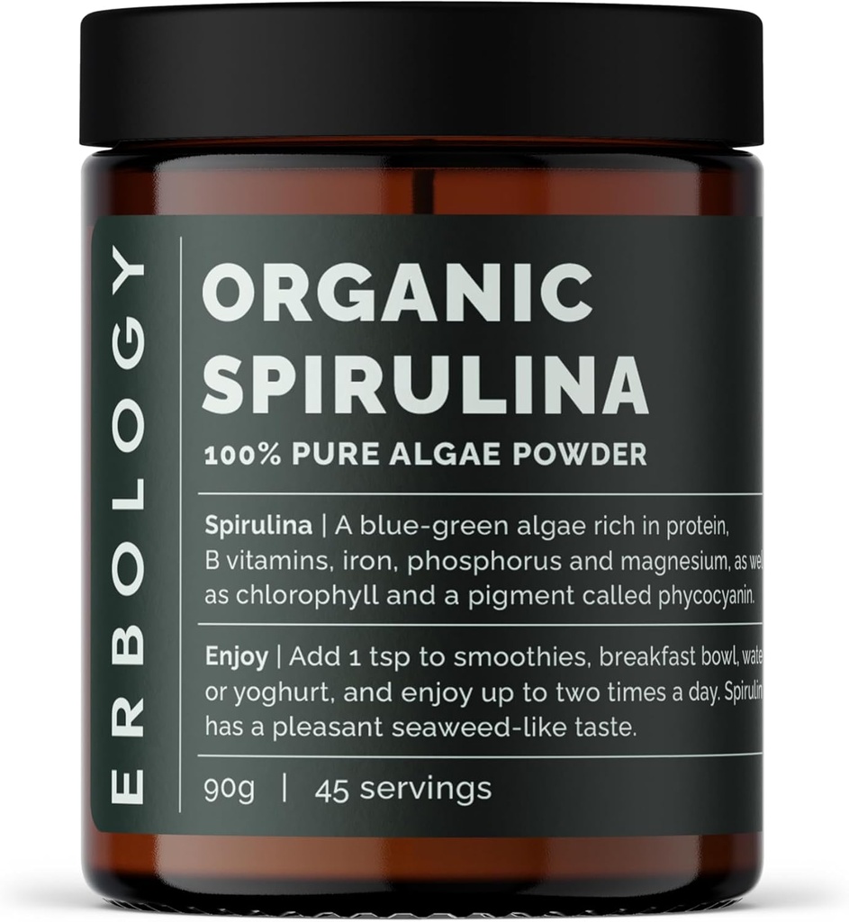 Erbologic Organic Spirulina Powder 3.2 oz - 45 Servering - Bæredygtigt Sourced i Portugal - Energi og Immunity Support - Rich in Chlorophyll, B Vitamin, Jern og Phosphorus - Vegan - GMO- Free
