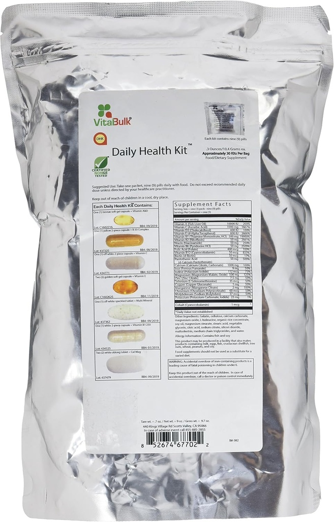 Vital Bulk Daily Health Kit Packet Multivitamins & Mineral 30 Count Box - Multivitamin for Men & Women - Contains Vitamin C 1000mg A D E K B Complex B12 Iron Calcium Magnesium & Potassium Supplement